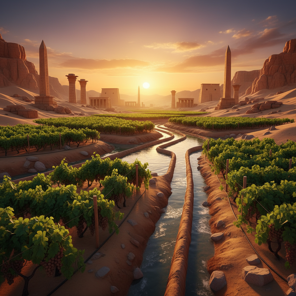Vinhedo moderno e irrigado prosperando no deserto egípcio, com elementos arquitetônicos antigos ao fundo e um pôr do sol dourado, representando o futuro do vinho no Egito.