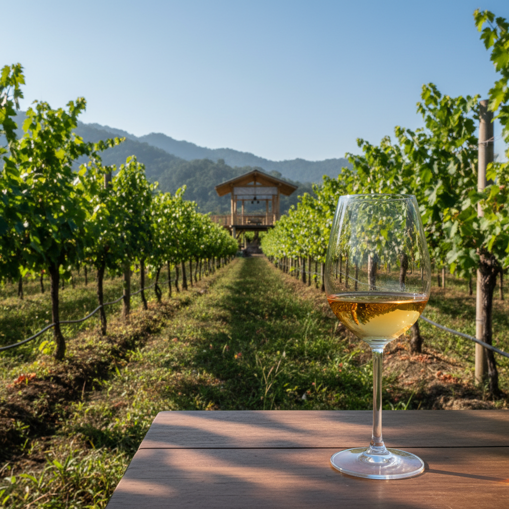 Vinhedo moderno nas Filipinas com vista para montanhas tropicais e uma taça de vinho elegante em primeiro plano, simbolizando o futuro da viticultura.