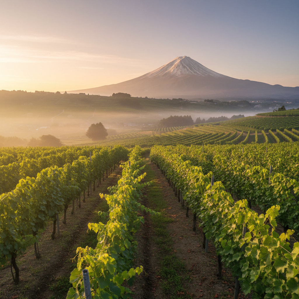 Vinhedo japonês ao amanhecer com névoa e o Monte Fuji ao fundo, simbolizando a fusão de tradição e futuro na vitivinicultura.