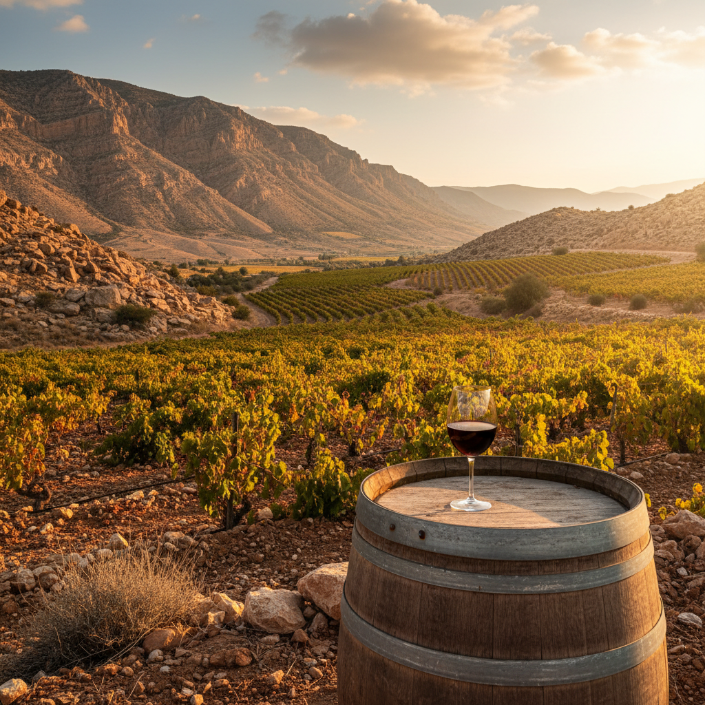 Vinhedo jordaniano sob o sol, com taça de vinho tinto sobre barril de madeira, destacando o terroir árido e o potencial da viticultura.