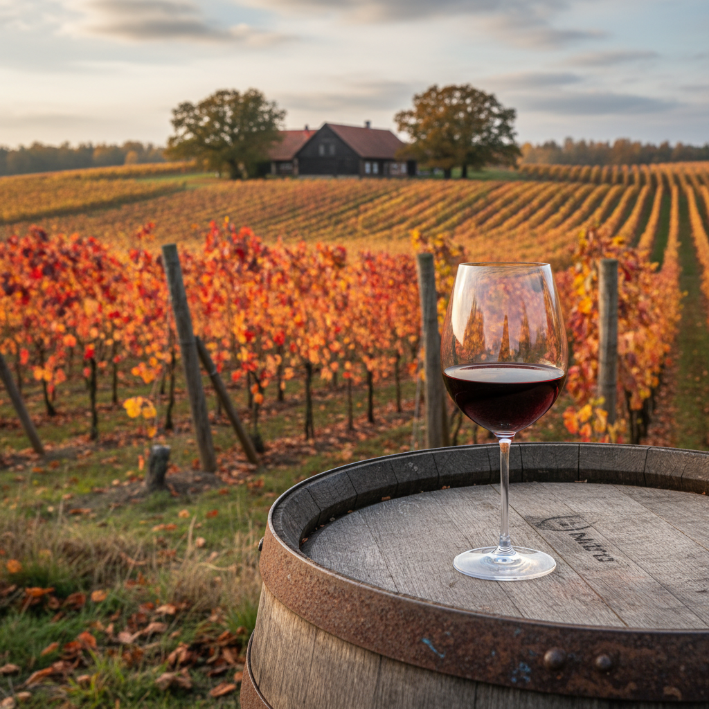 Vinhedo moderno na Lituânia com uvas híbridas, um copo de vinho tinto sobre um barril de madeira e a paisagem báltica ao fundo, simbolizando inovação e sustentabilidade.