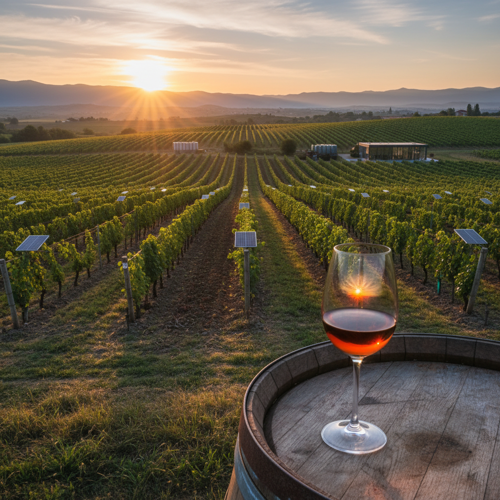 Vinhedo moderno e sustentável na Macedônia do Norte ao amanhecer, com videiras autóctones e uma taça de vinho em um barril, simbolizando o futuro e a inovação.