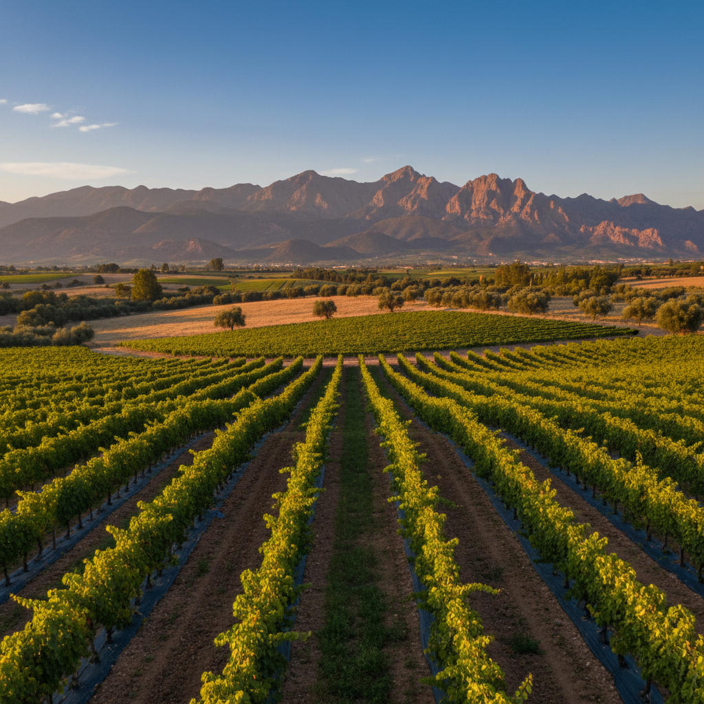 Vinhedo marroquino sustentável com montanhas áridas ao fundo, mostrando o potencial de novos terroirs.