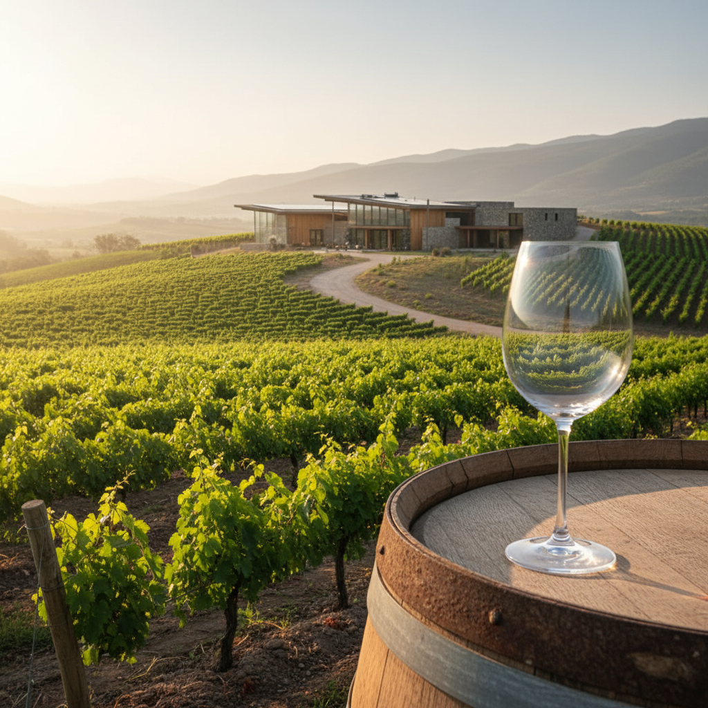 Vinhedo mexicano sustentável com taça de vinho em barril e adega moderna ao fundo, simbolizando inovação e futuro.