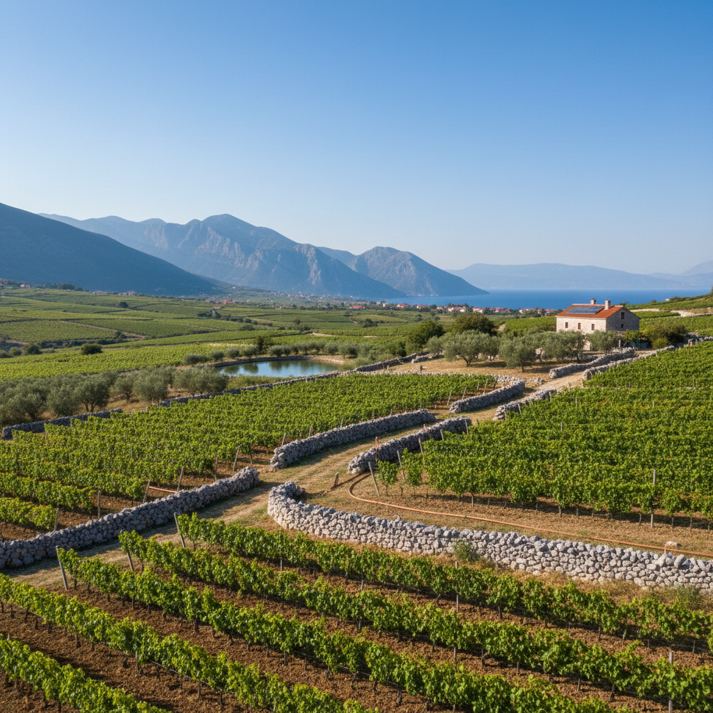 Vinhedo sustentável e moderno em Montenegro, com vinhas exuberantes, muros de pedra e sistemas de irrigação integrados, sob um céu azul.