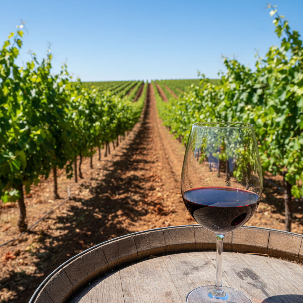 Vinhedo exuberante em clima tropical africano com um copo de vinho tinto sobre um barril de madeira, simbolizando o potencial da Nigéria no mercado global de vinhos.
