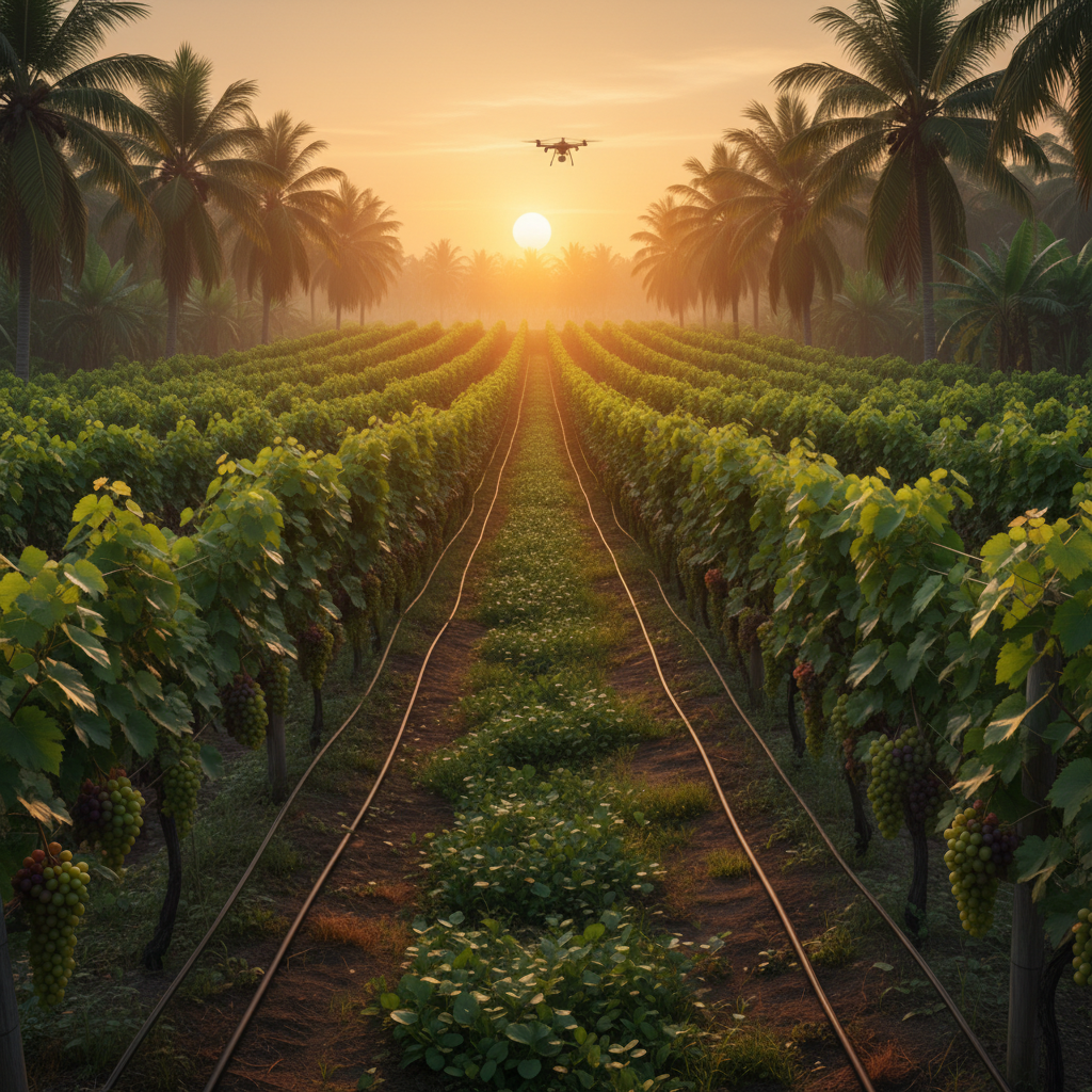 Vinhedo exuberante em paisagem tropical panamenha ao pôr do sol, com sistemas de irrigação modernos visíveis ao fundo, simbolizando a fusão de natureza e tecnologia na produção de vinho.