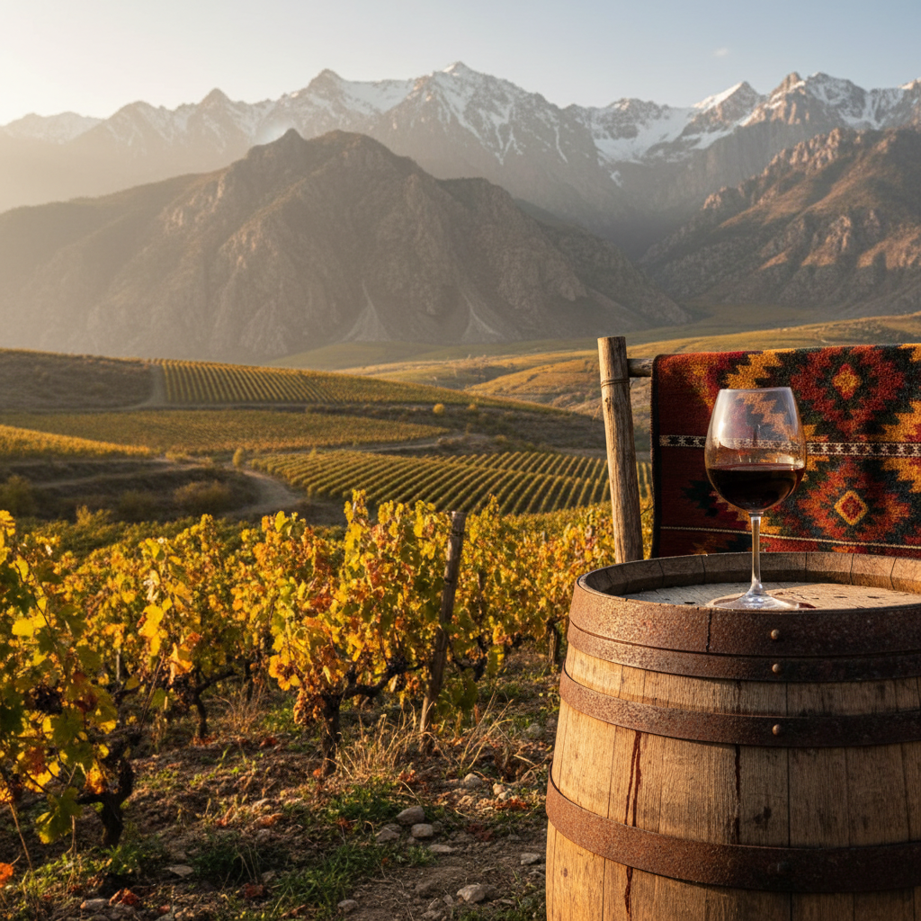 Vinhedo montanhoso no Quirguistão ao pôr do sol, com uma taça de vinho sobre um barril, simbolizando a emergência da indústria vinícola local.