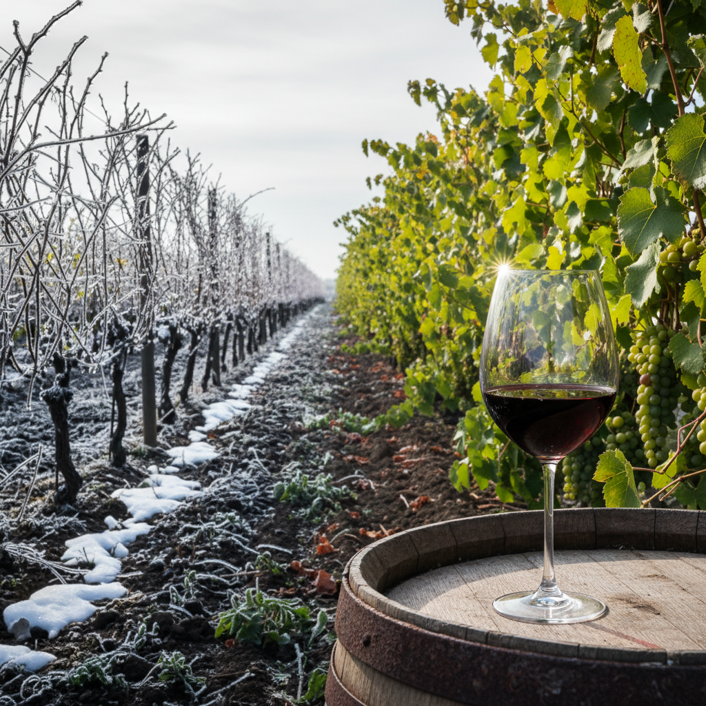 Vinhedo russo com contraste de neve e vinhas verdes, simbolizando desafios climáticos e resiliência da indústria vinícola.