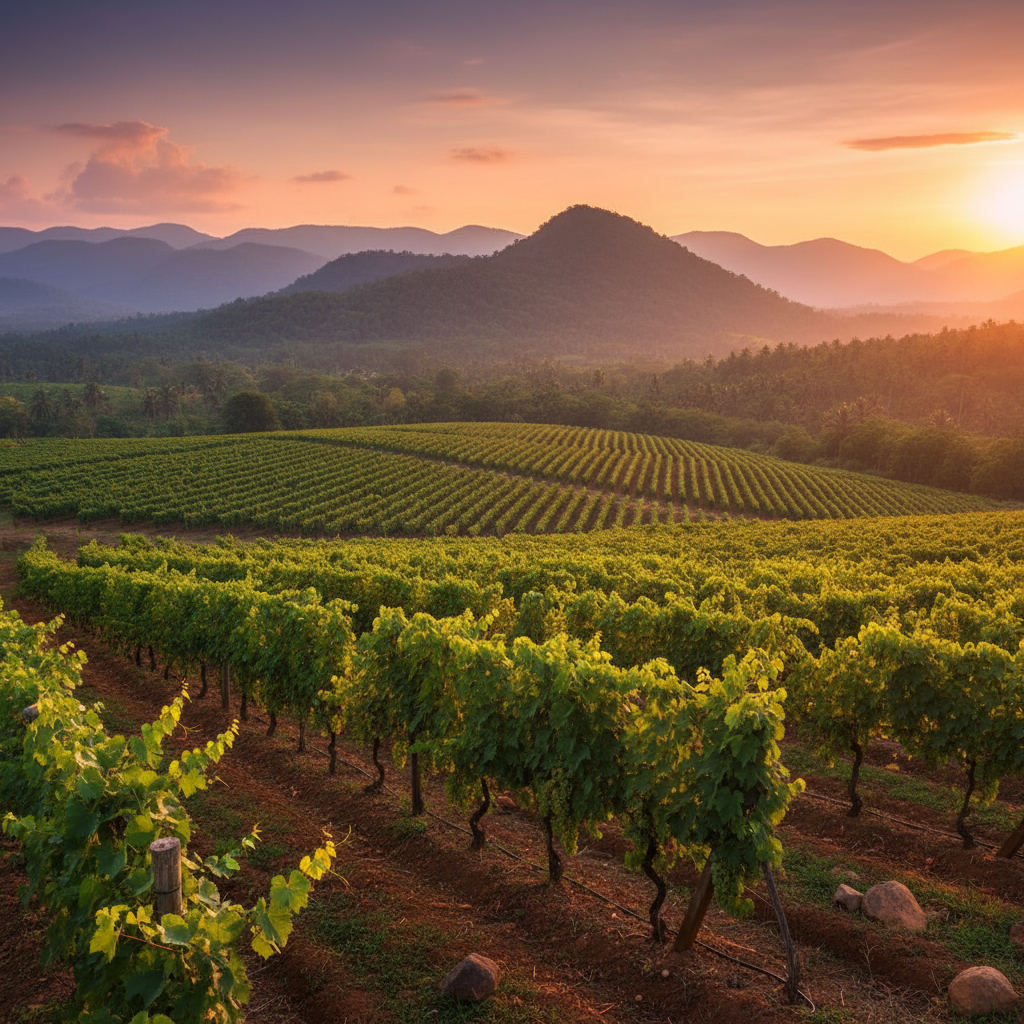 Vinhedo tropical no Sri Lanka ao pôr do sol, com videiras verdes e colinas ao fundo.