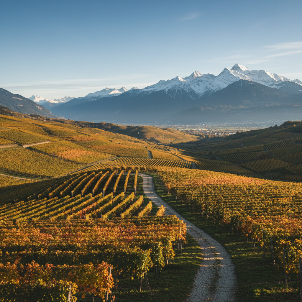 Vinhedo suíço exuberante com montanhas nevadas ao fundo e fileiras de videiras sob um céu azul, representando a beleza e o potencial da viticultura na Suíça.