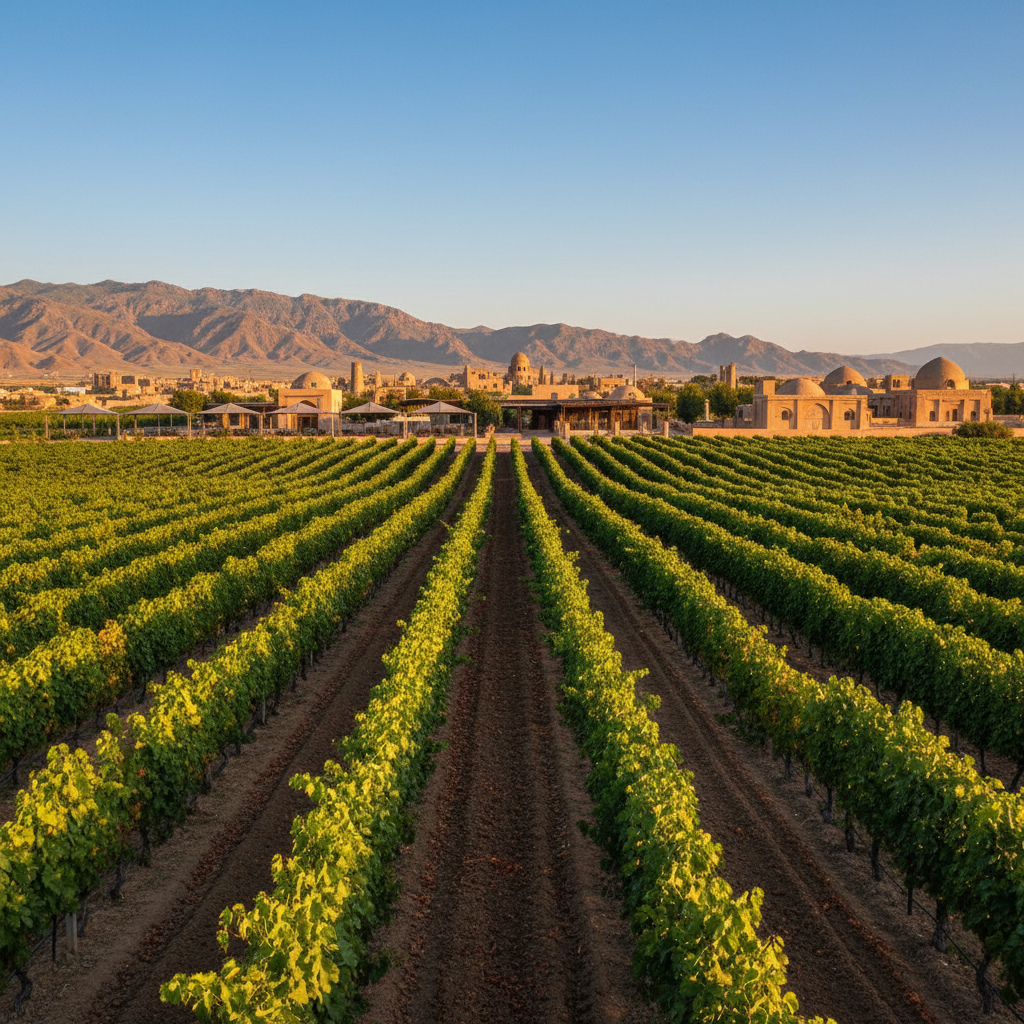 Vinhedo moderno e sustentável no Uzbequistão com arquitetura da Rota da Seda ao fundo, simbolizando inovação e tradição vinícola.