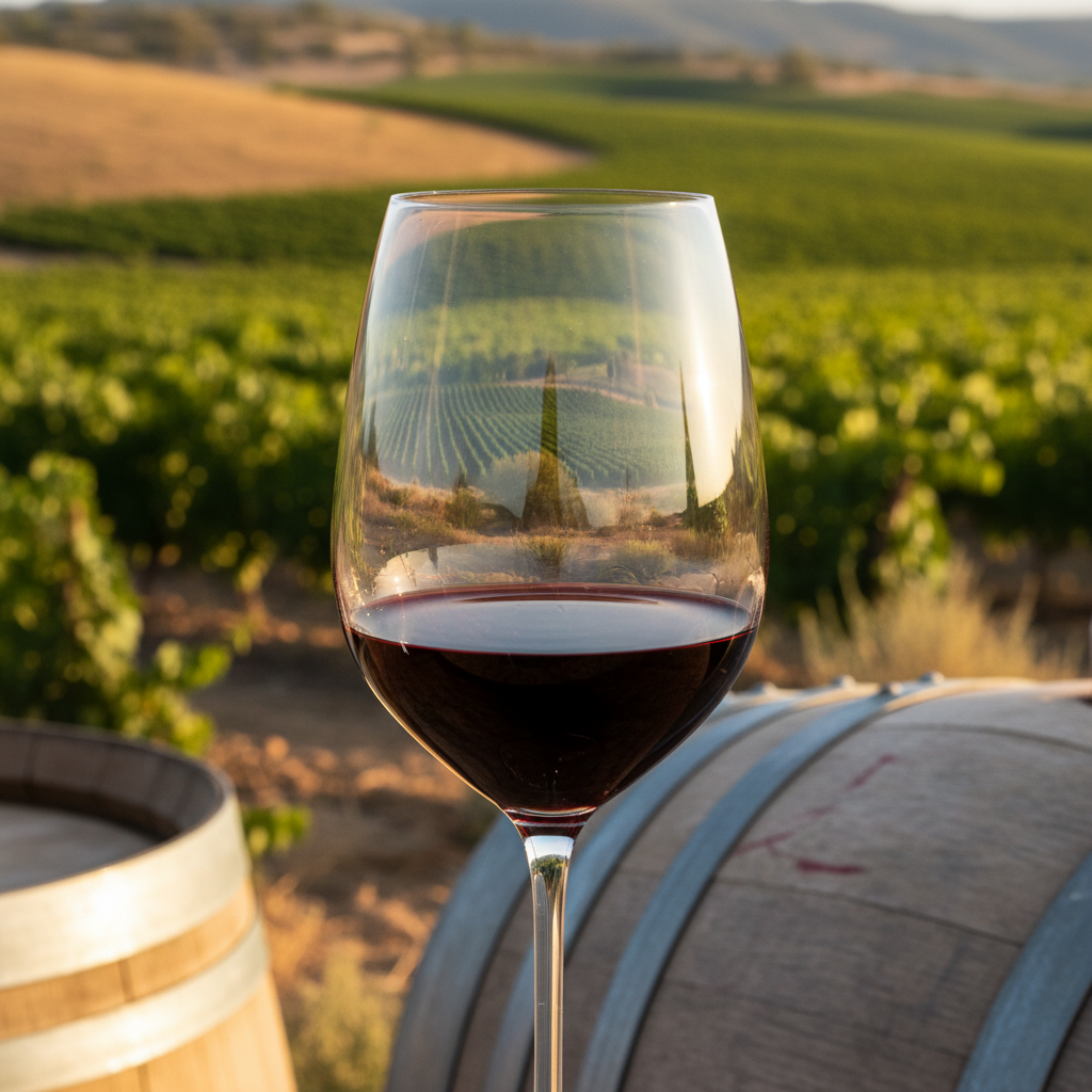 Taça de vinho tinto com reflexo de vinhedo venezuelano ao pôr do sol, simbolizando o futuro e potencial da viticultura na Venezuela.