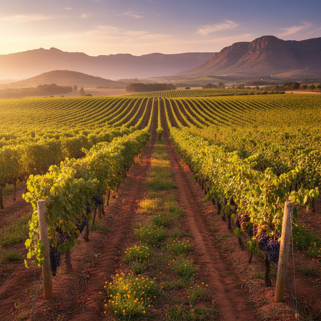 Vinhedo exuberante sob o sol africano no Zimbábue, com fileiras de videiras se estendendo até o horizonte, simbolizando o potencial da viticultura local.