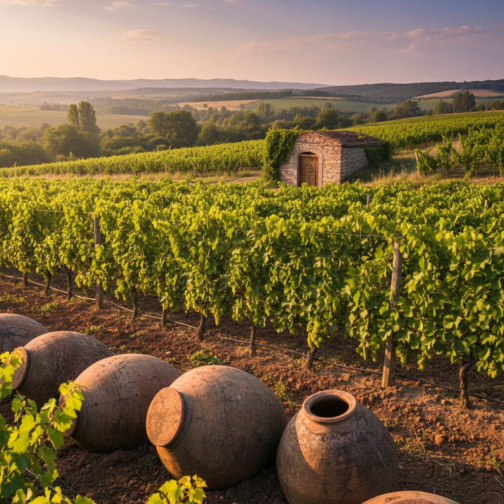 Vinhedo montanhoso no Cáucaso com ânforas Qvevri e parreiras exuberantes ao pôr do sol.