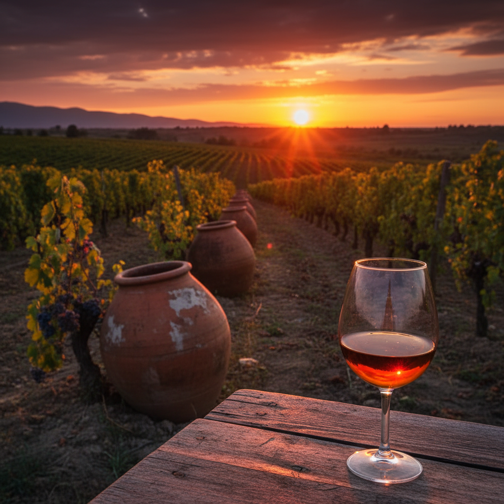 Vinhedo tradicional georgiano com qvevris enterrados e uma taça de vinho âmbar ao pôr do sol, simbolizando a viticultura ancestral e o vinho natural.