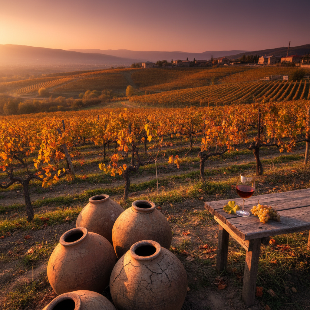 Vinhedo georgiano com qvevris tradicionais enterrados e uma taça de vinho âmbar ao pôr do sol.
