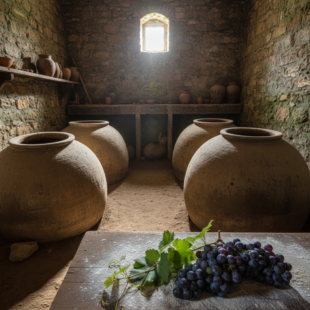 Marani tradicional georgiano com ânforas Qvevri enterradas, paredes de pedra e luz natural, simbolizando a milenar tradição vinícola.