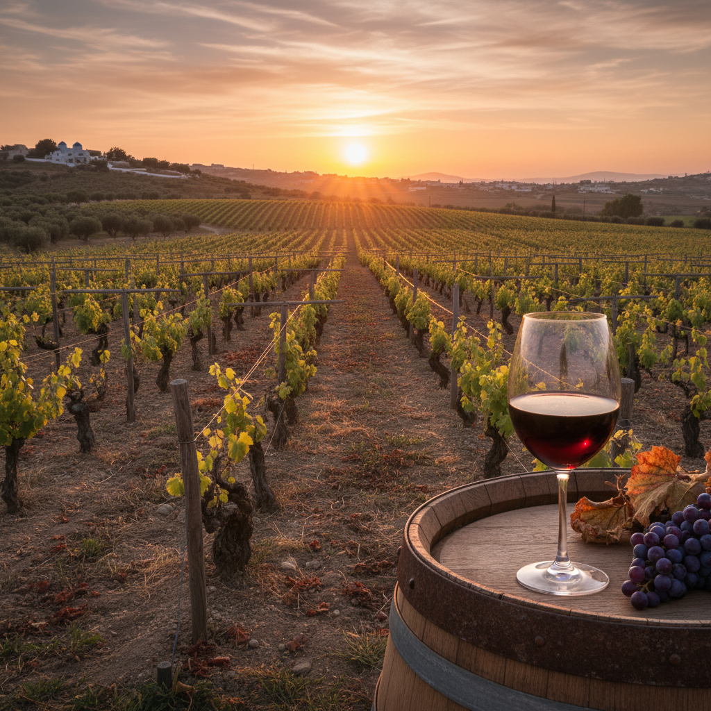 Um vinhedo grego pitoresco ao pôr do sol, com fileiras de videiras antigas e um copo de vinho tinto sobre um barril de madeira rústico no primeiro plano, evocando a rica história vinícola da Grécia.
