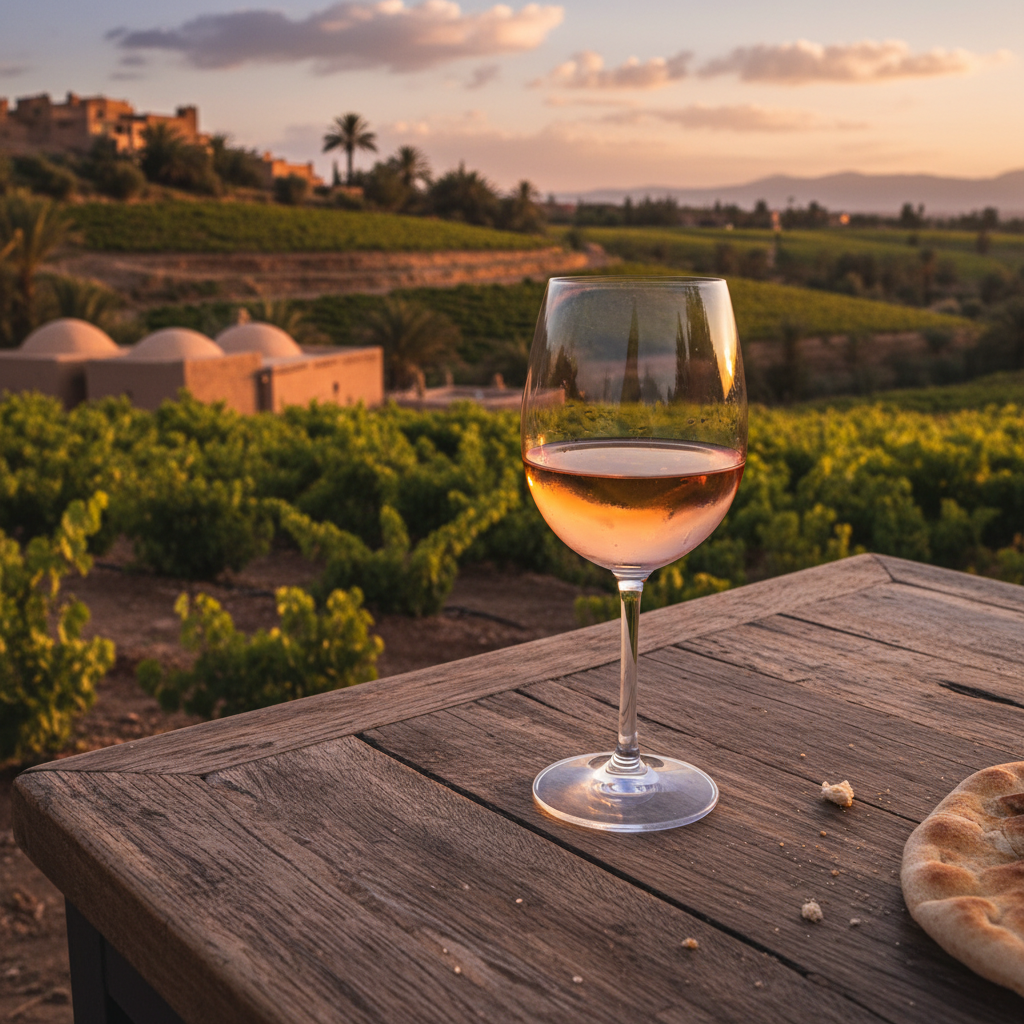 Uma taça de vinho Gris de Boulaouane de cor pêssego suave sobre uma mesa de madeira rústica, com um vinhedo marroquino ensolarado ao fundo.