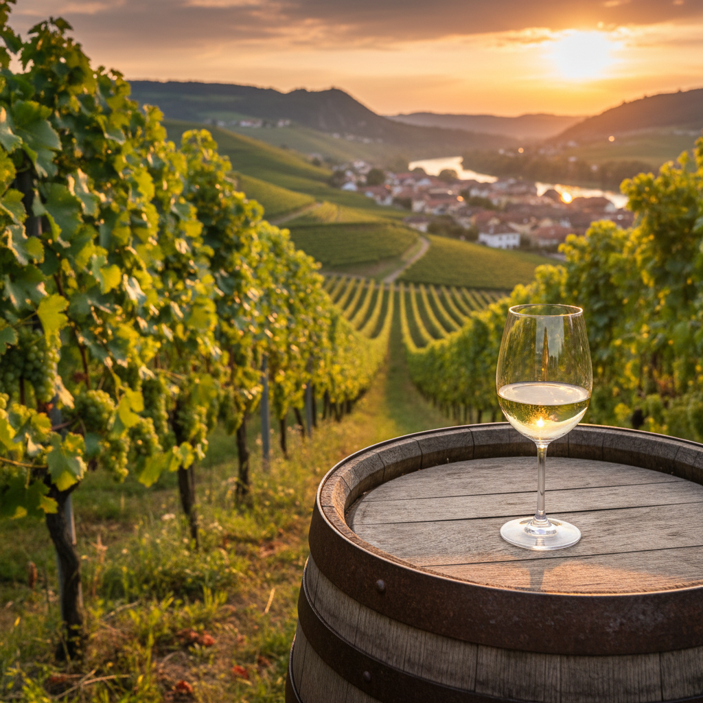 Um copo de vinho Grüner Veltliner sobre um barril de madeira em um vinhedo ensolarado no Vale do Wachau, Áustria.