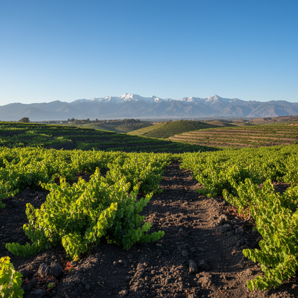 Vinhedo de altitude na Guatemala, com solo vulcânico e montanhas ao fundo, representando o potencial dos vinhos emergentes.