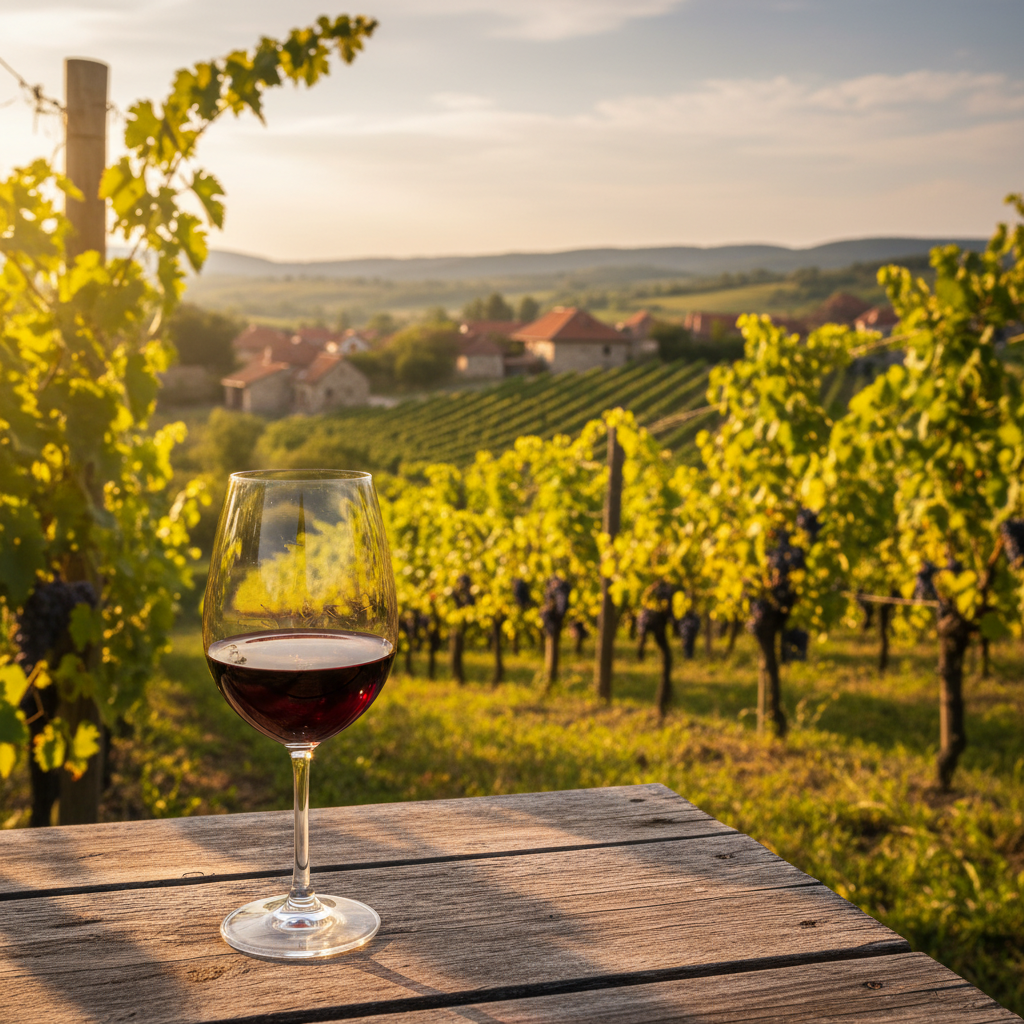 Vinhedo ensolarado na Sérvia com taça de vinho tinto em mesa rústica e paisagem rural ao fundo.