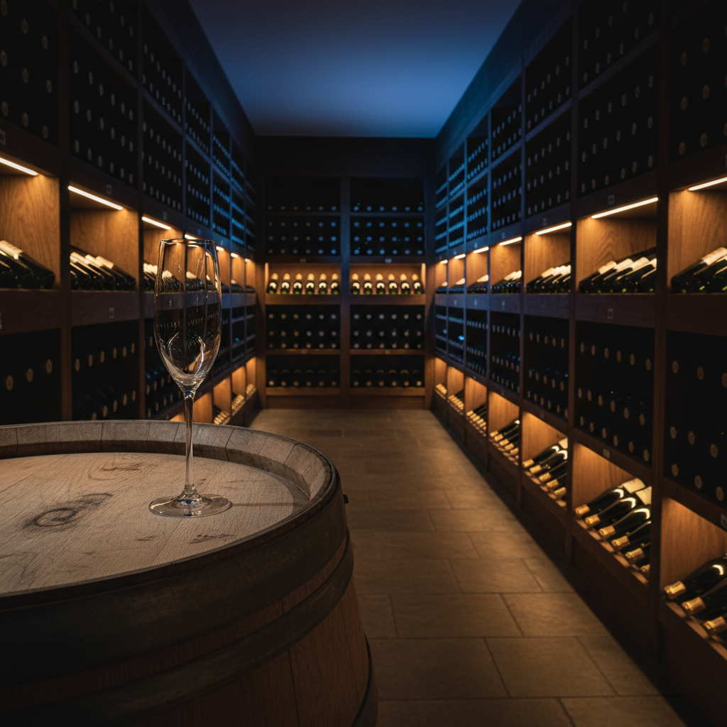 Garrafas de espumante armazenadas horizontalmente em uma adega escura e fresca, com uma taça de champanhe vazia sobre um barril de madeira.