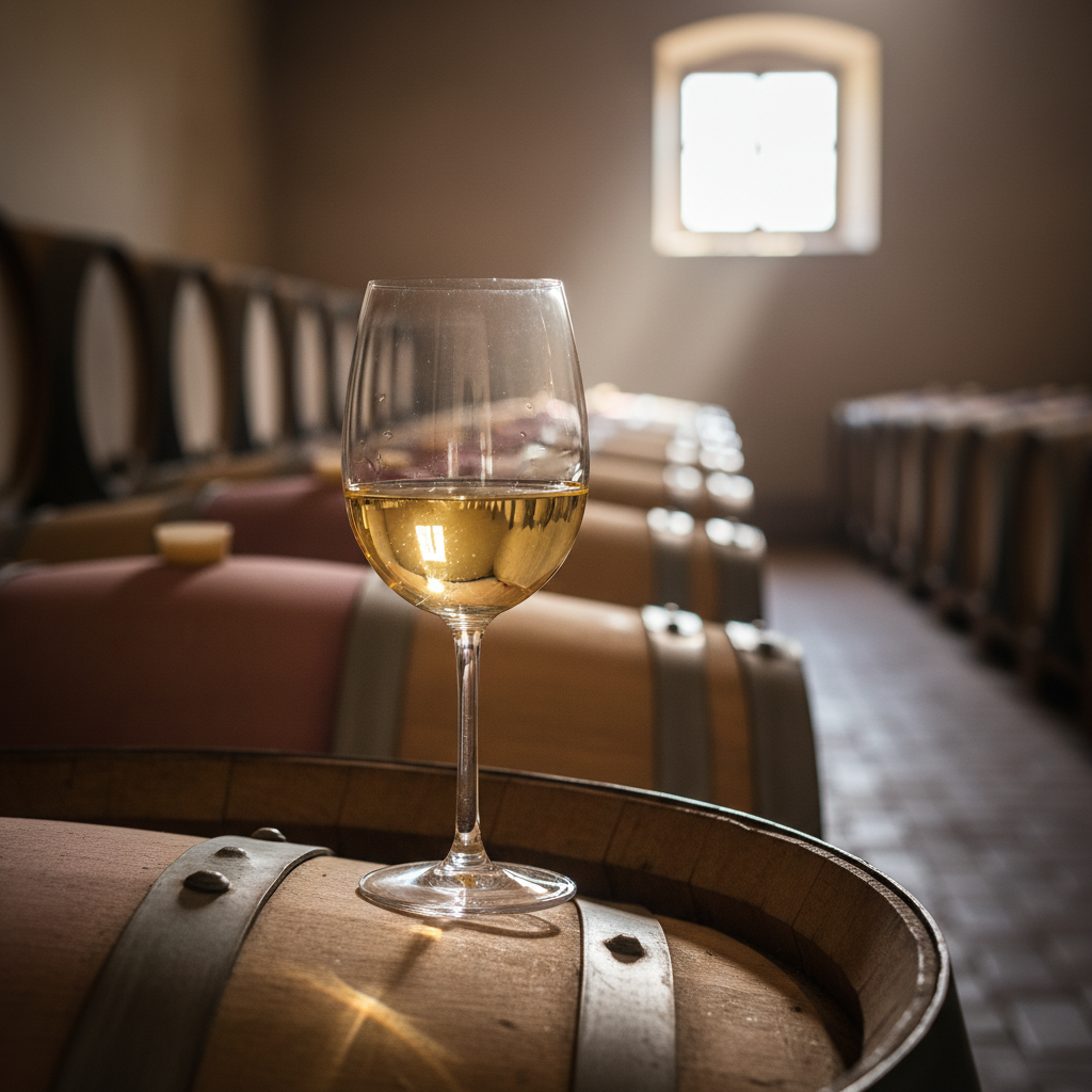Taça de vinho Chardonnay dourado sobre barril de carvalho em adega rústica, com outros barris ao fundo.