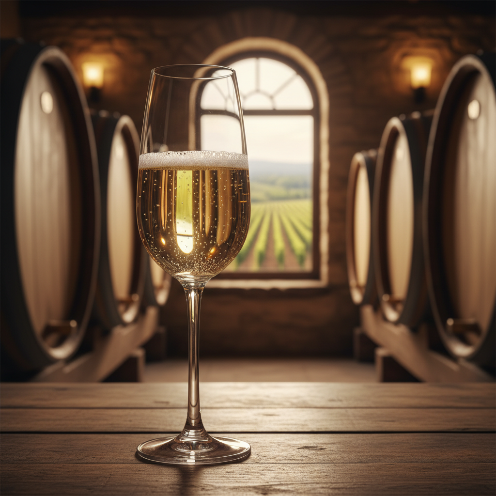 Taça de espumante com borbulhas finas em adega tradicional, com barris de carvalho e vinhedo ao fundo.