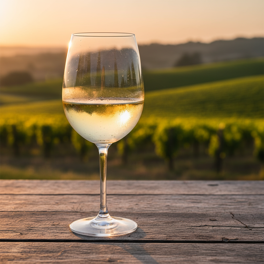 Uma taça de vinho branco gelado em uma mesa de madeira rústica, com um vinhedo ensolarado ao fundo durante o pôr do sol.