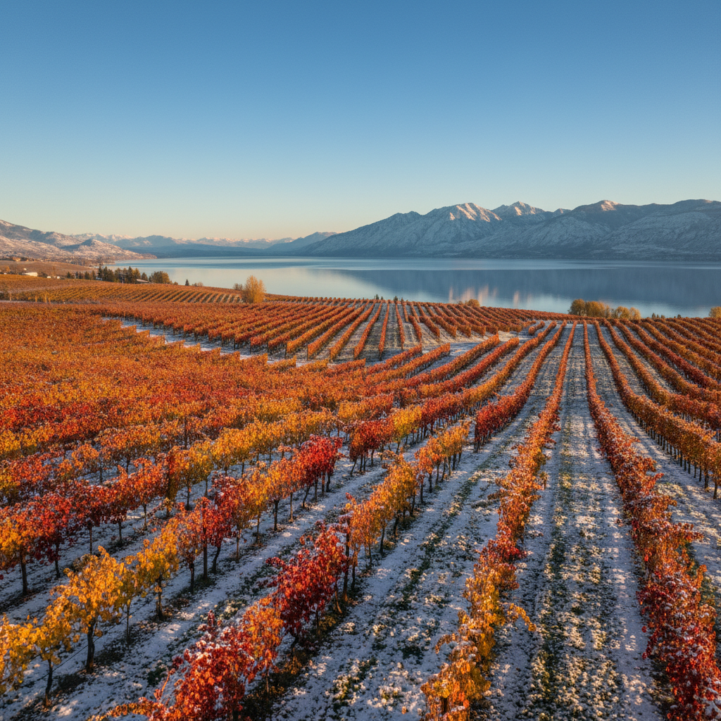 Vinhedo canadense com vinhas em tons de outono ou levemente cobertas de neve, sob um céu azul límpido, com montanhas ou um lago ao fundo.