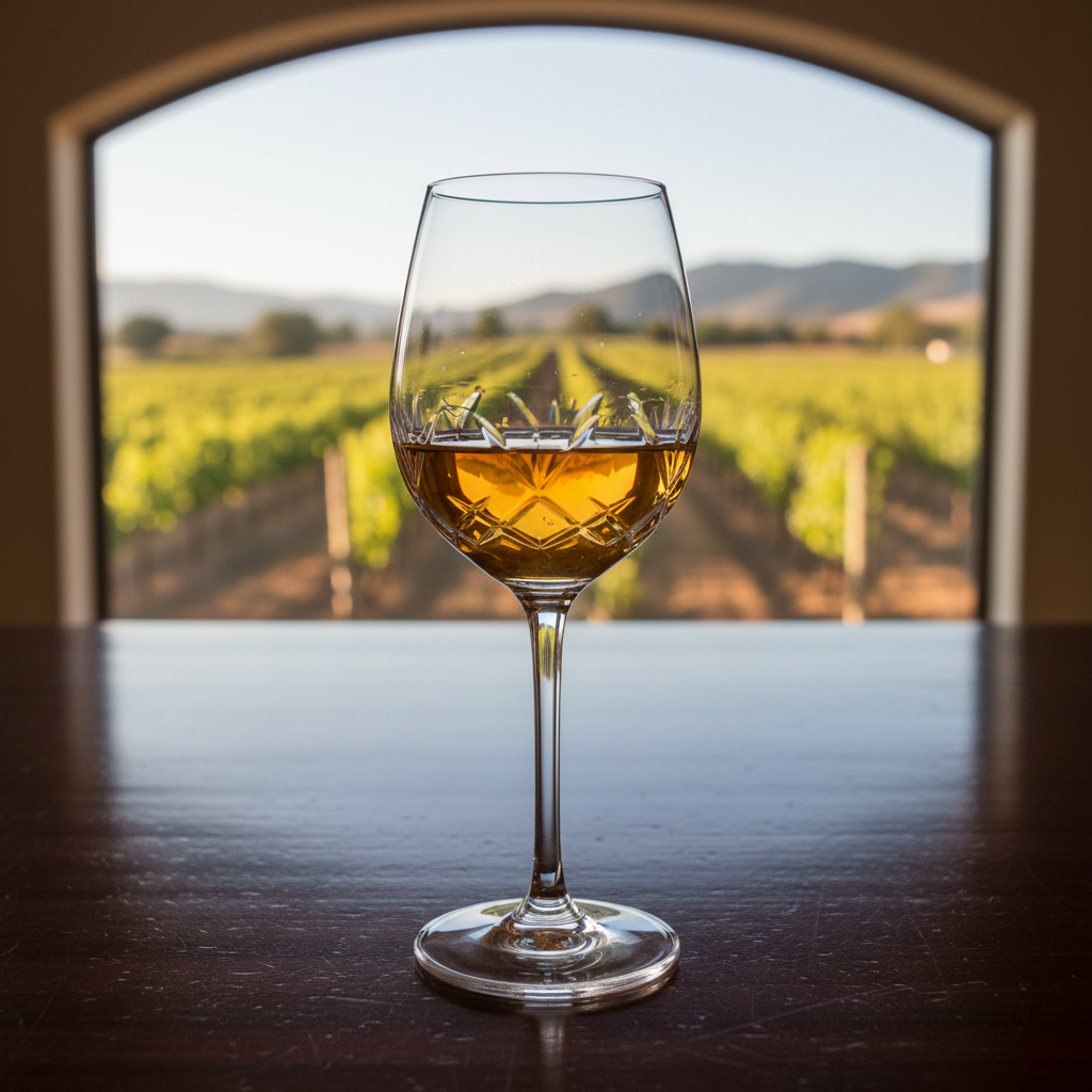 Taça elegante de vinho de sobremesa dourado sobre uma mesa de madeira escura, com um vinhedo ensolarado desfocado ao fundo.