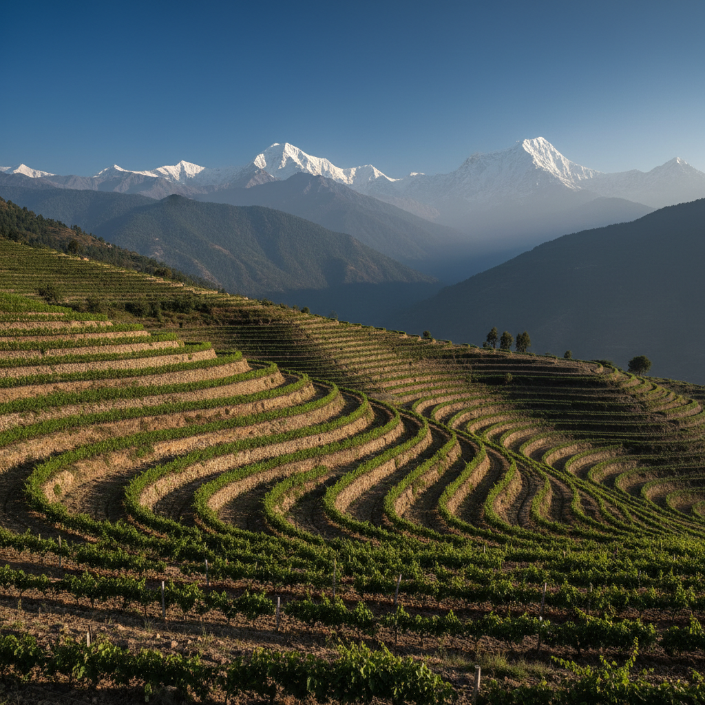Vinhedo exuberante nas encostas do Himalaia no Nepal, com parreiras em terraços e montanhas nevadas ao fundo, sob um céu azul.