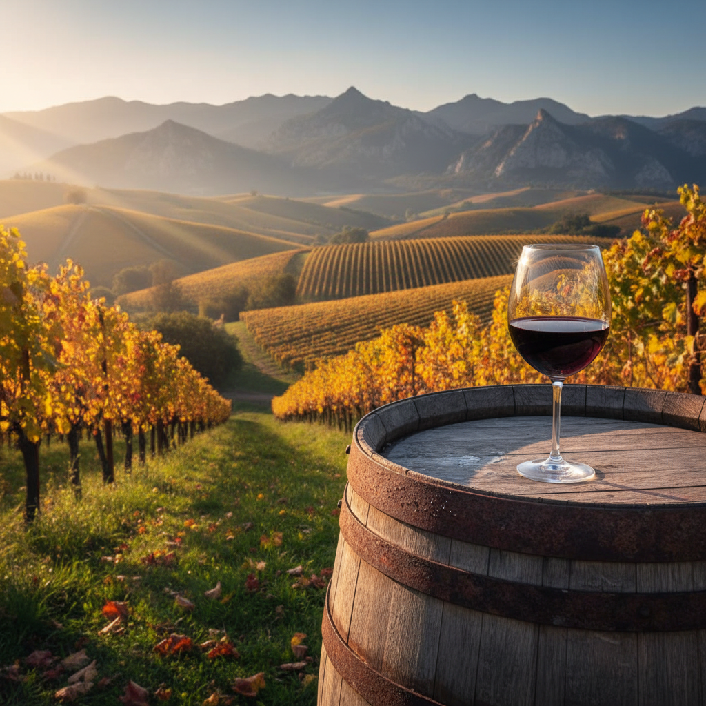 Vinhedo exuberante na Bósnia e Herzegovina ao pôr do sol, com barril de madeira e taça de vinho tinto em primeiro plano.