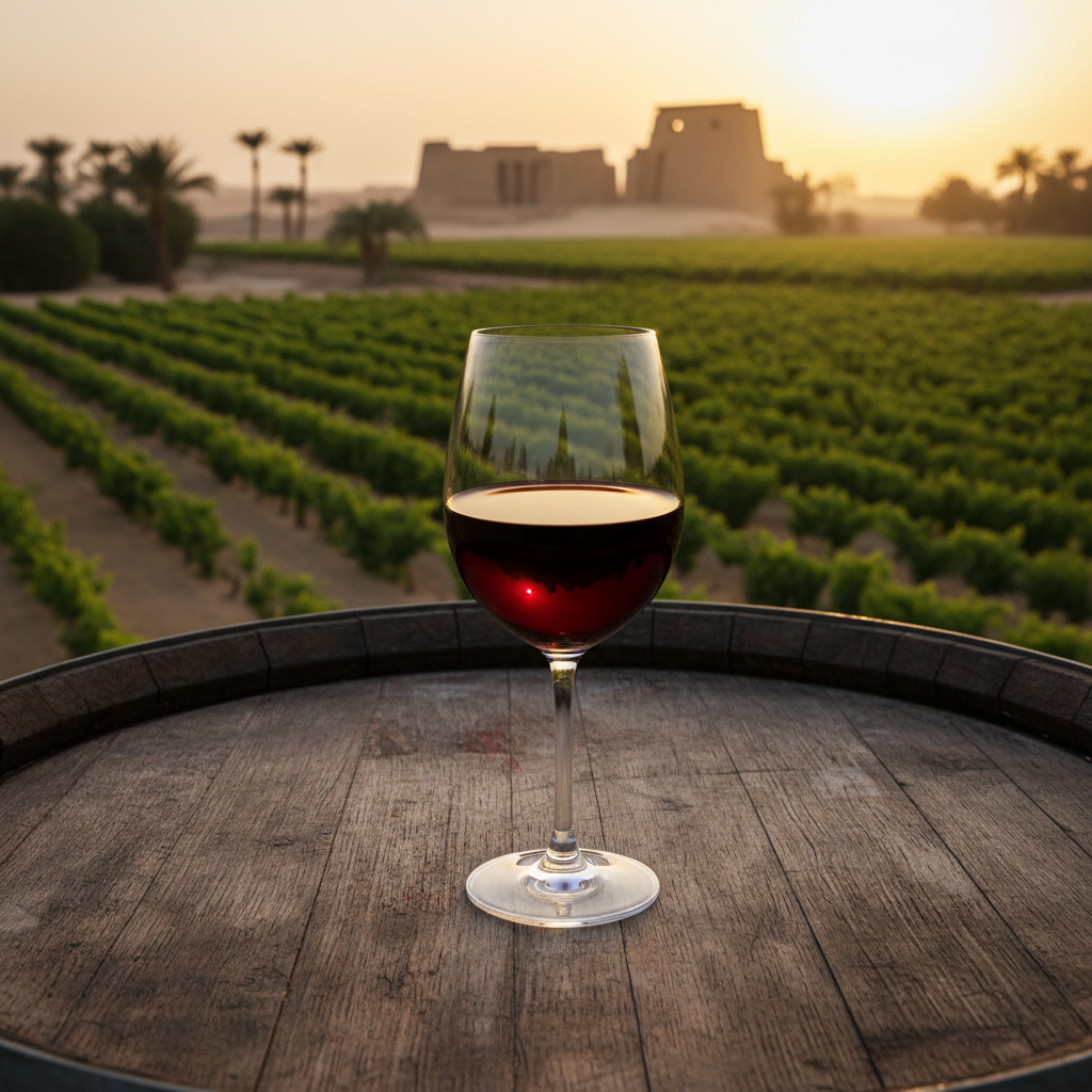 Vinhedo egípcio ao pôr do sol com ruínas antigas ao fundo e uma taça de vinho tinto sobre um barril de madeira.