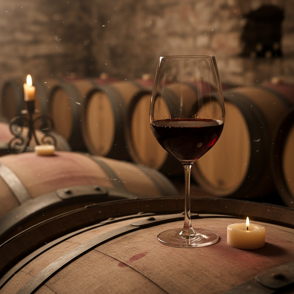 Taça de vinho tinto repousando sobre um barril de carvalho em uma adega escura e aconchegante.