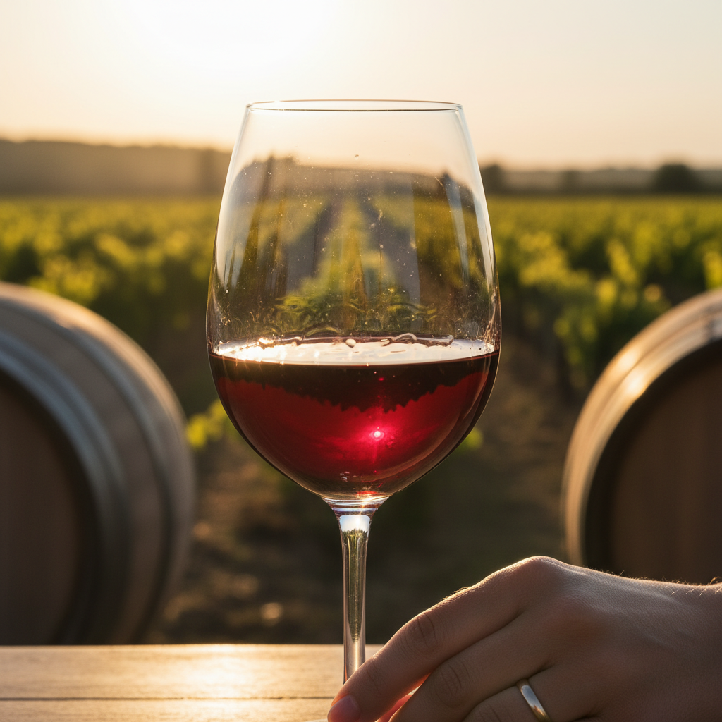 Uma taça de vinho elegante com reflexos de luz, em primeiro plano, com um vinhedo ensolarado e barris de carvalho desfocados ao fundo, evocando a experiência da degustação.
