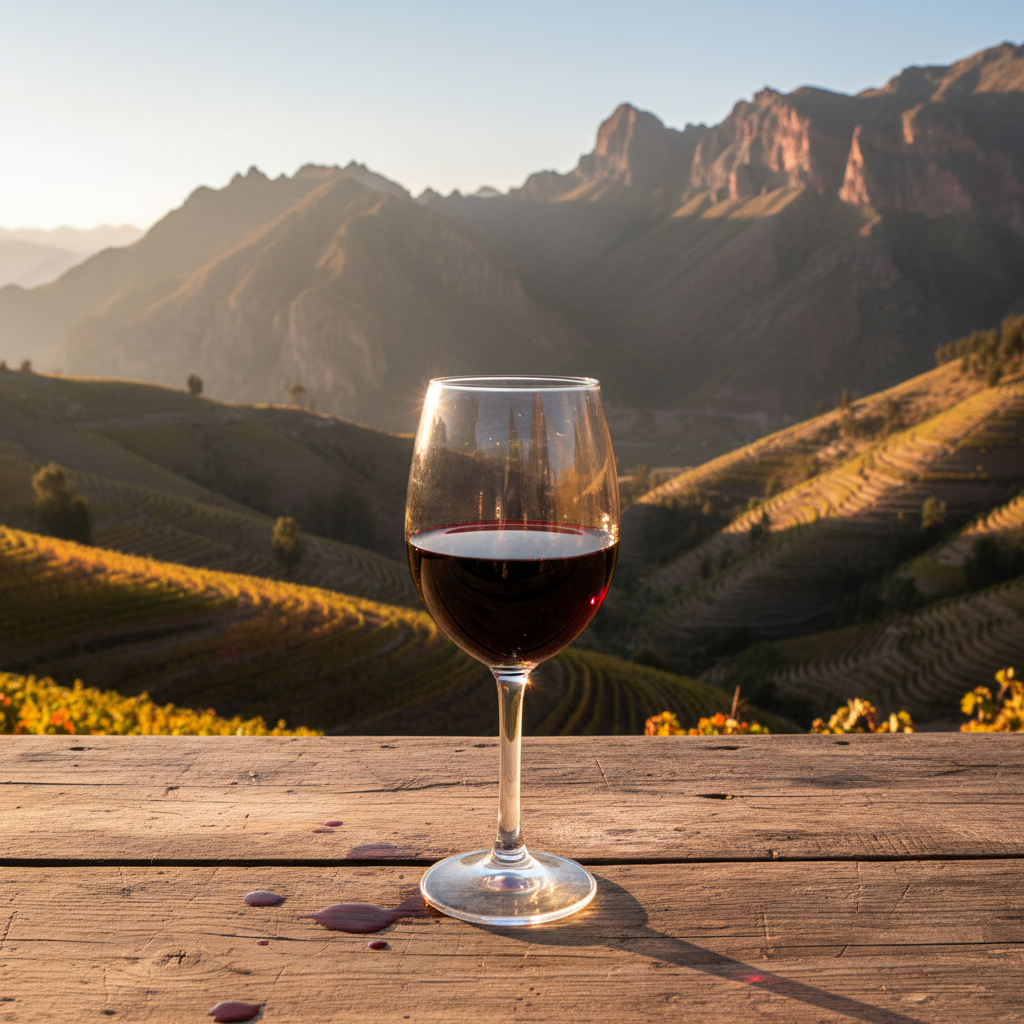 Taça de vinho tinto em mesa rústica com vinhedos bolivianos de altitude ao fundo, sob a luz do pôr do sol.