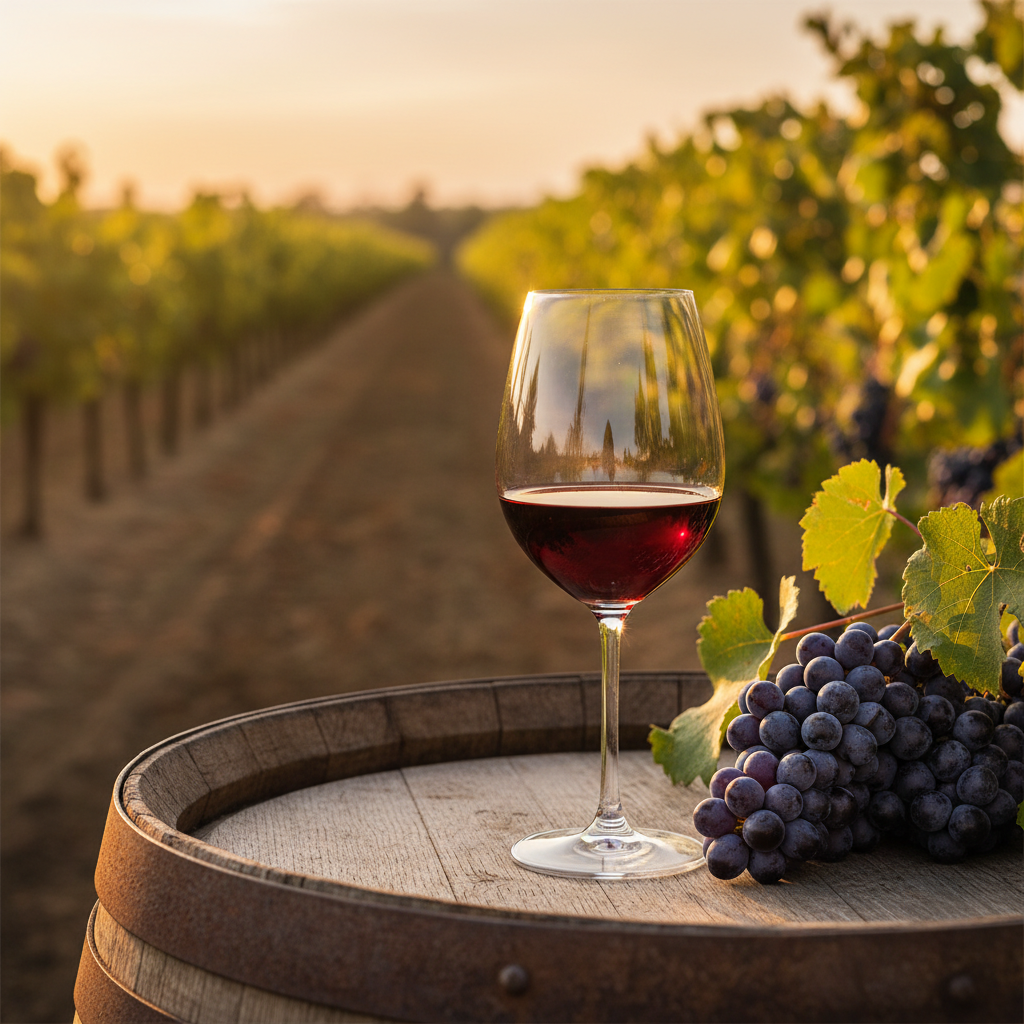 Vinhedo ao pôr do sol com taça de vinho tinto, cachos de uva e barril de carvalho, simbolizando a escolha da uva perfeita.