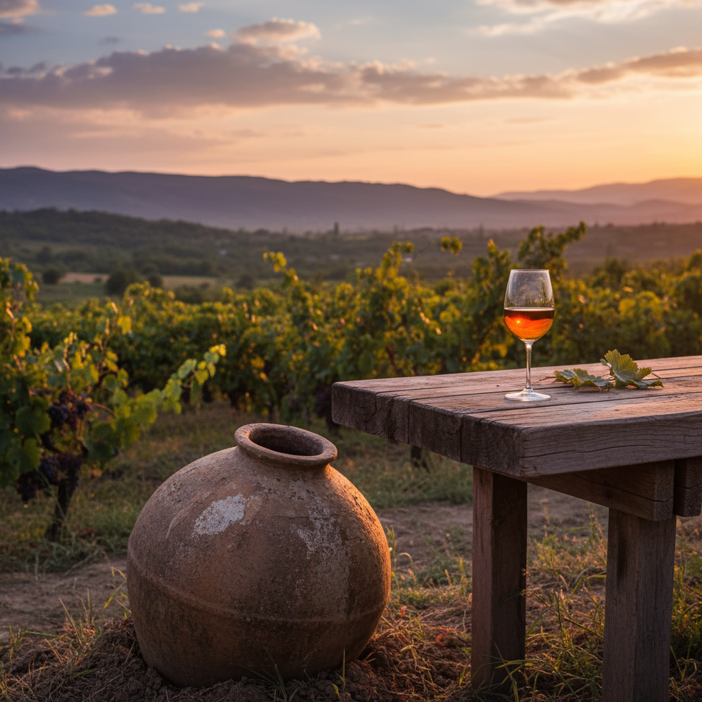 Taça de vinho âmbar georgiano ao lado de um qvevri tradicional em um vinhedo histórico, sob a luz dourada do pôr do sol.