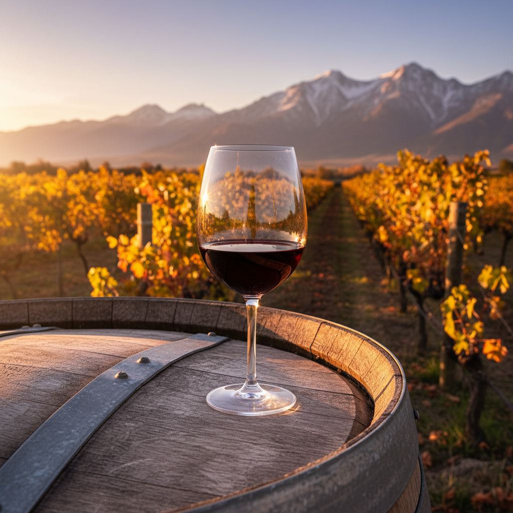 Taça de vinho tinto sobre barril de carvalho em vinhedo chileno ao pôr do sol, com montanhas ao fundo.