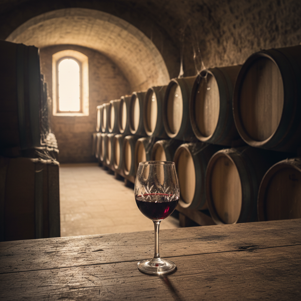Taça de vinho tinto sobre barril de carvalho em adega francesa antiga com iluminação suave.