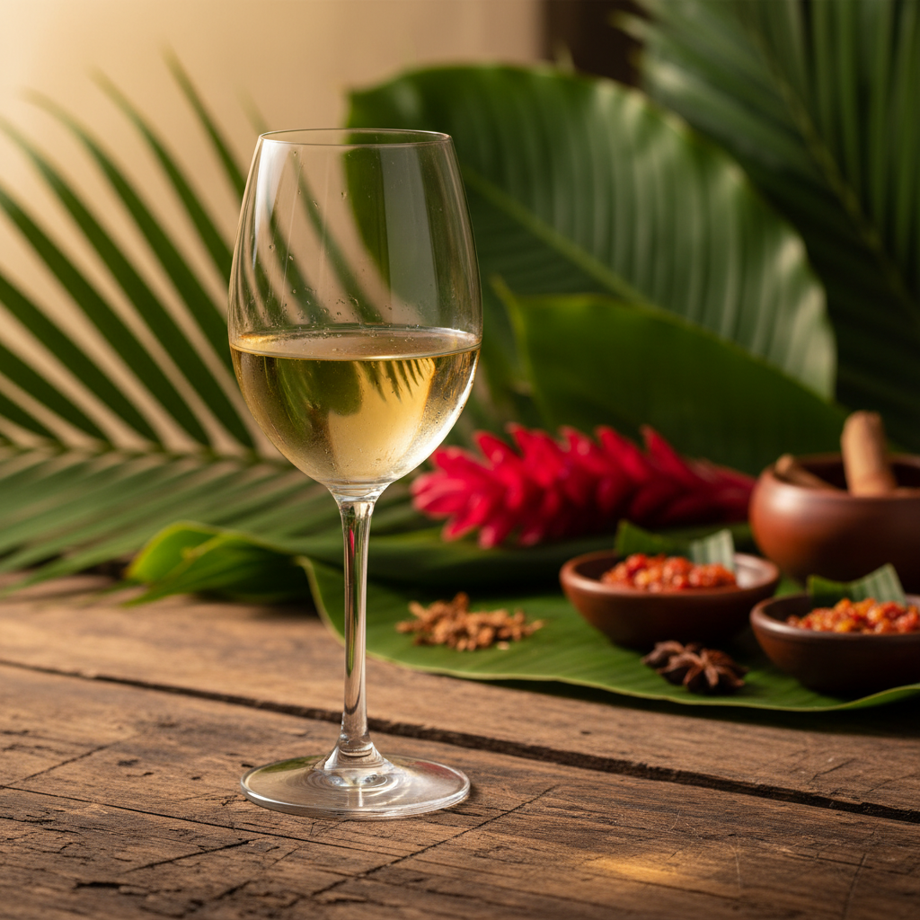 Taça de vinho branco indonésio em mesa rústica, com fundo tropical desfocado, sugerindo harmonização com a culinária local.