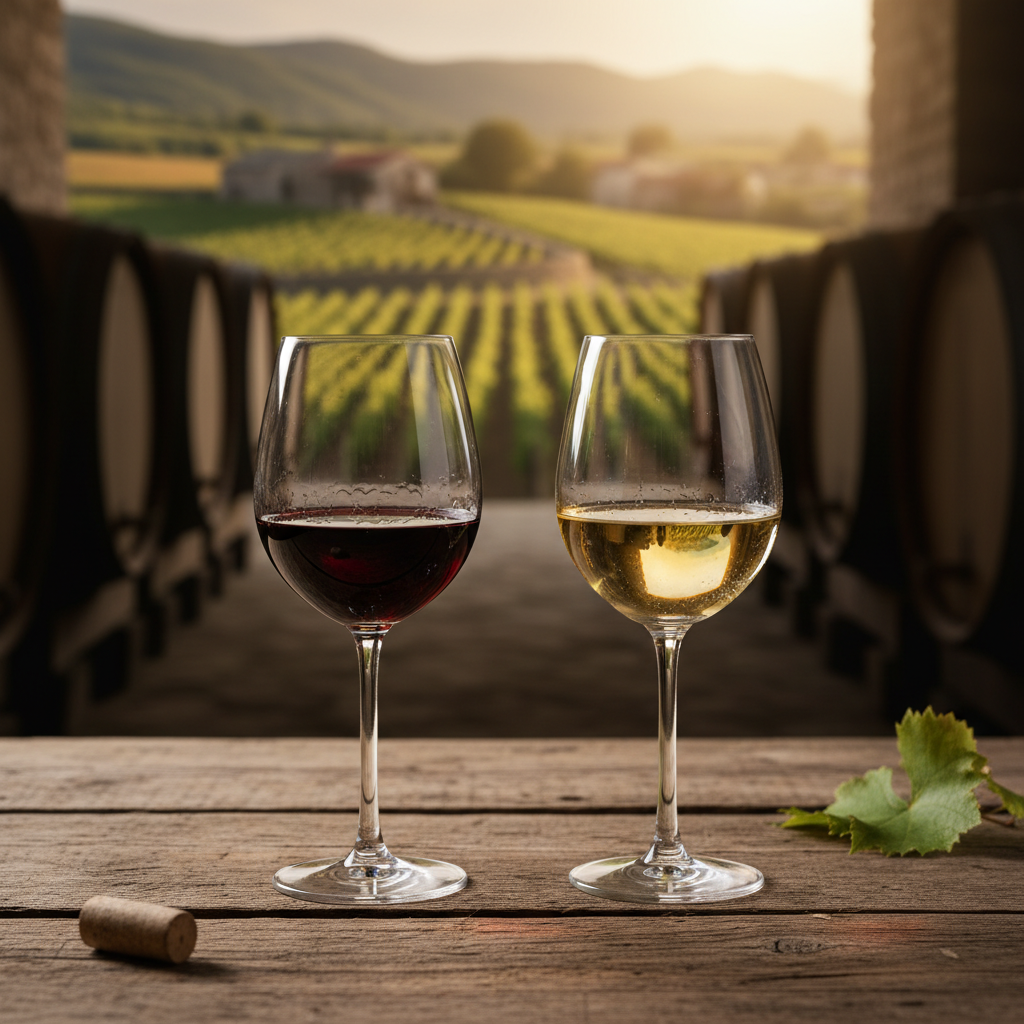 Taças de vinho tinto e branco em uma mesa rústica, com um vinhedo montenegrino ou adega com barris de carvalho ao fundo.