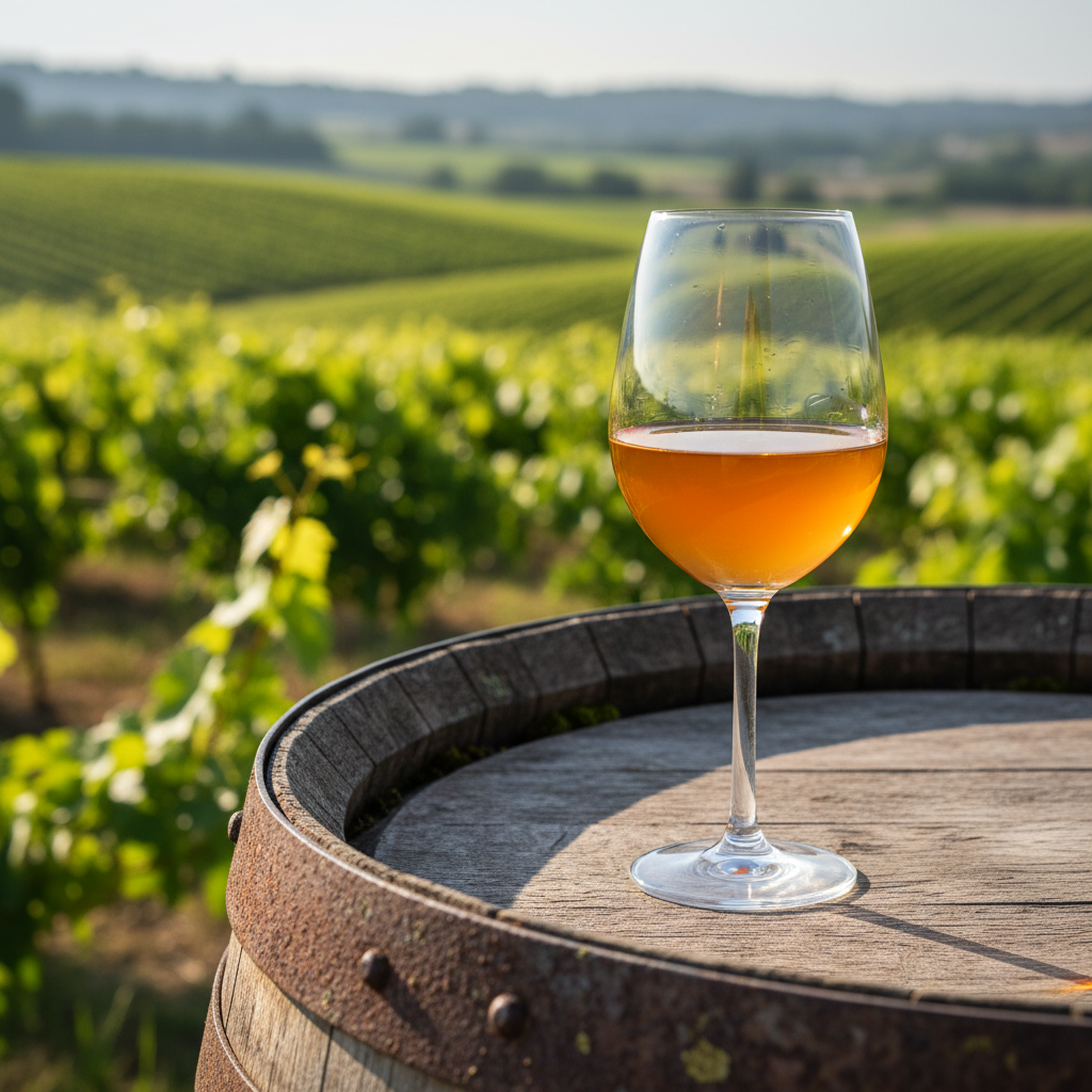 Taça de vinho natural levemente turvo sobre um barril de madeira rústico em um vinhedo ensolarado.