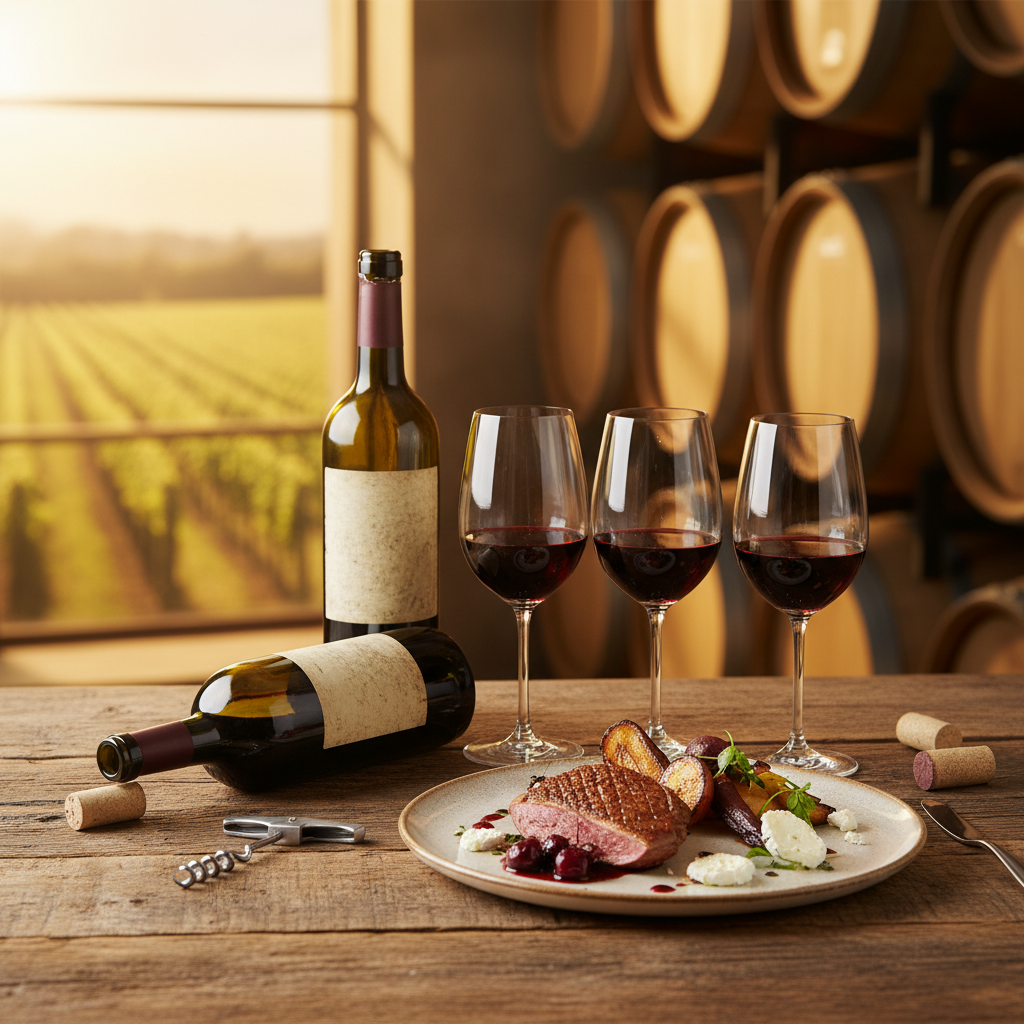 Mesa elegante com taças de vinho, garrafa e prato gourmet, com vinhedo ou adega ao fundo, ilustrando a harmonização de vinhos.