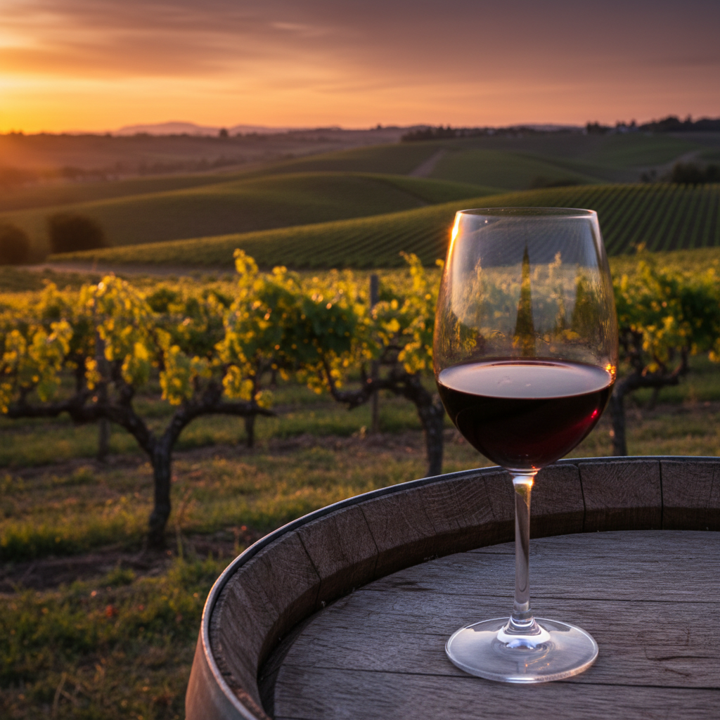 Vinhedo de Malbec na Argentina, banhado pela luz dourada do pôr do sol, com uma taça de vinho tinto elegante e um barril de carvalho rústico em primeiro plano.