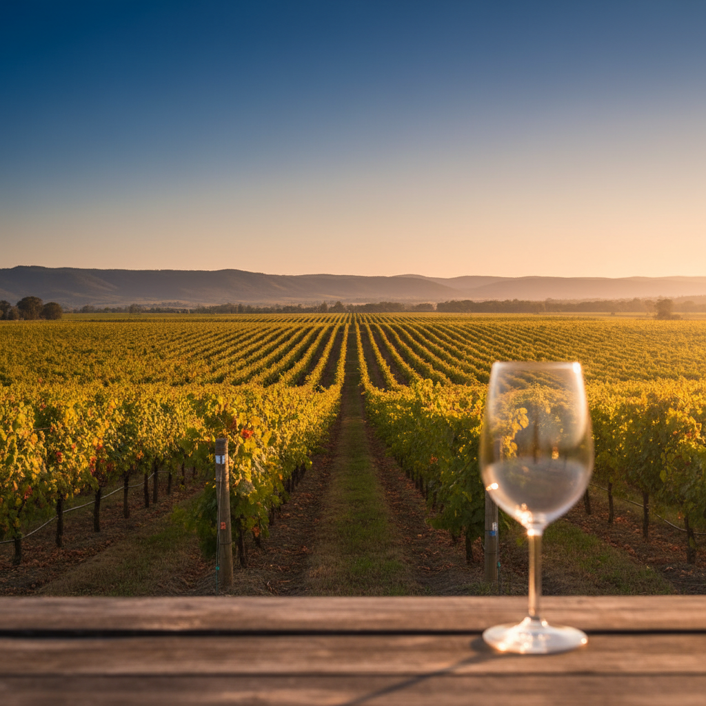 Paisagem deslumbrante de um vinhedo australiano ao pôr do sol, com fileiras de videiras se estendendo até o horizonte e uma taça de vinho elegante em primeiro plano.