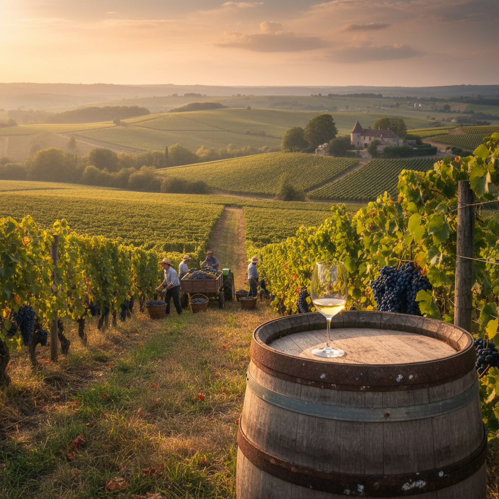 Vinhedo francês durante a colheita, com barril de vinho e taça, representando a riqueza das regiões vinícolas da França.